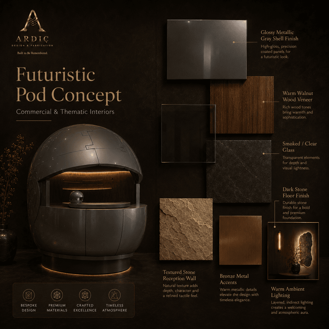 Futuristic Pod Concept material palette with metallic shell, walnut wood, stone and glass finishes