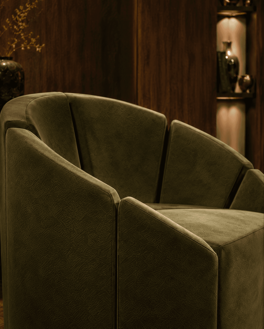 Olive Lounge Concept close-up of olive green sculptural lounge seating with walnut background