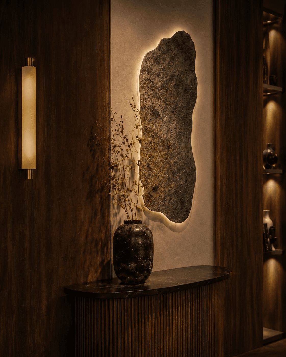 Olive Lounge Concept sculptural wall mirror with warm backlighting, walnut panels, and stone console
